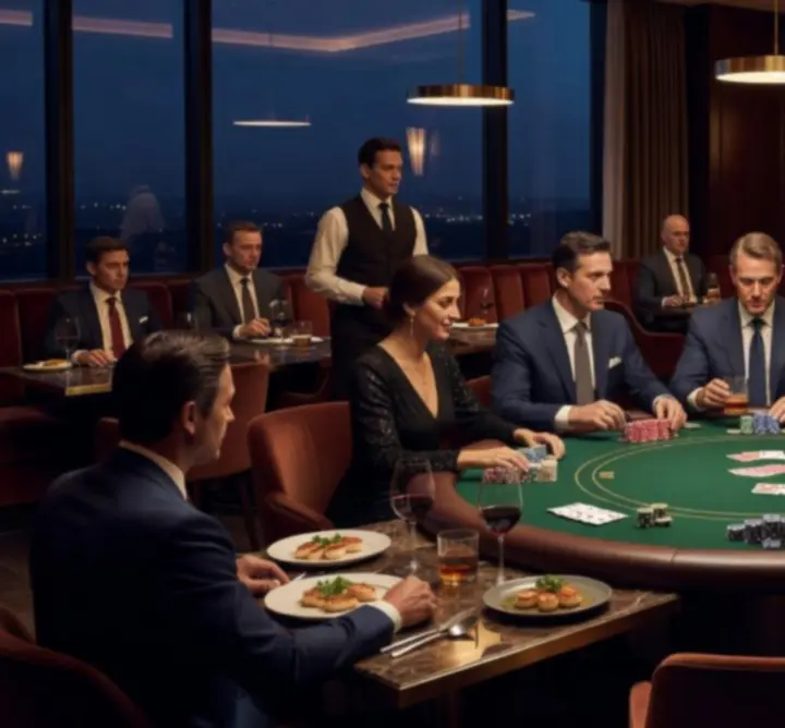 Elegancki wieczór pokerowy w restauracji Dutch Pipe Service, goście przy stolikach pokerowych i kolacyjnych.