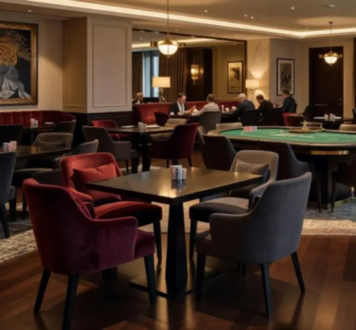Nowoczesne, nastrojowe wnętrze restauracji Dutch Pipe Service z motywem pokerowym