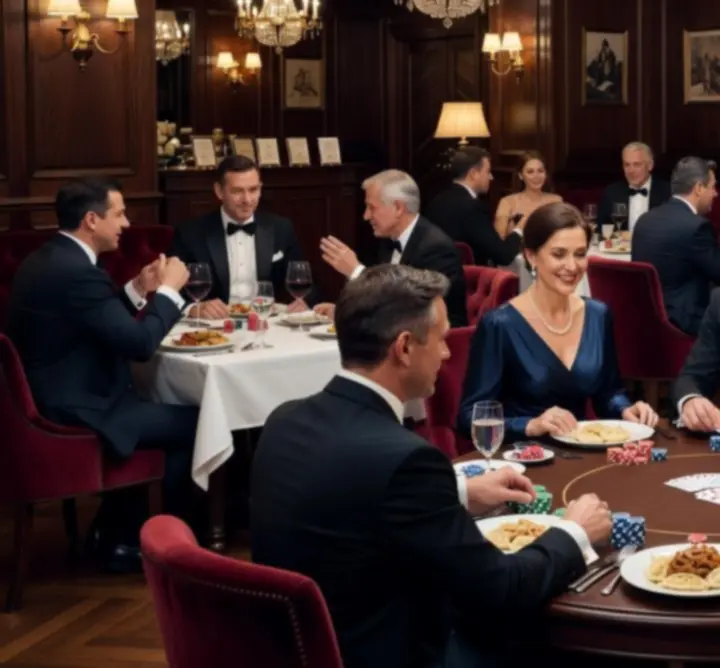 Goście przy eleganckim stole w restauracji podczas wieczoru pokerowego offline