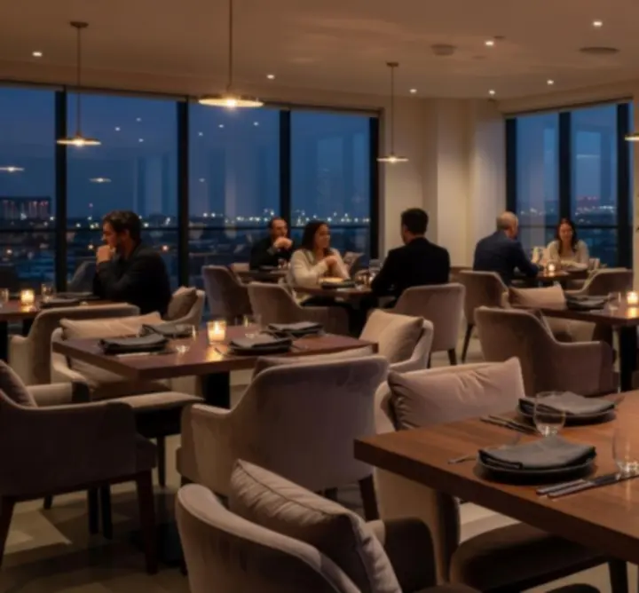 Eleganckie, nastrojowe wnętrze restauracji Dutch Pipe Service wieczorem