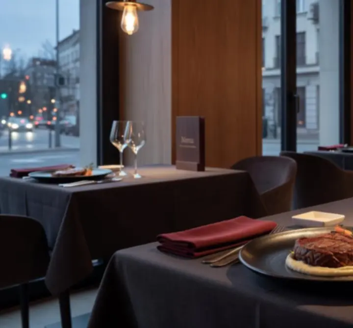 Nowoczesne, eleganckie danie w restauracji Dutch Pipe Service na tle nastrojowego wnętrza