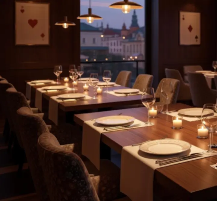 Wnętrze restauracji Dutch Pipe Service z eleganckim wystrojem i strefą stołów pokerowych.